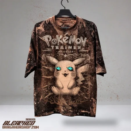 Pikachu Anime Pokemon T-Shirt Bleach Wash T-shirt 200GSM Oversized Dropshoulder Cotton Street wear